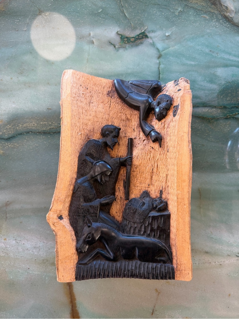 Unique VTG Hand Carved Ebony Wood Nativity Sculpture Panel 10in x 8in Religious